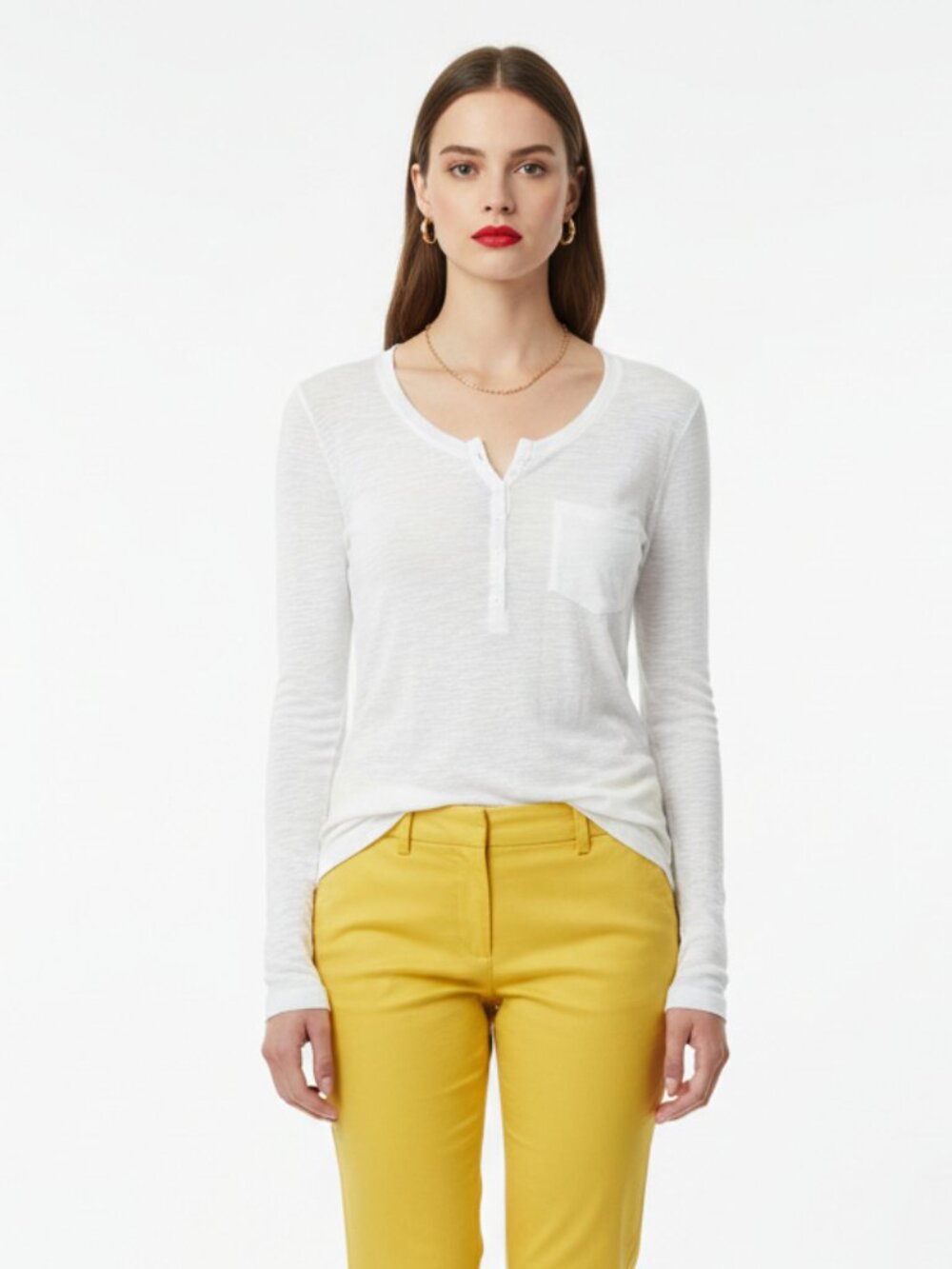 Rails White Long Sleeve Button Chest Collar-less Pocket Tee Shirt Top NEW M